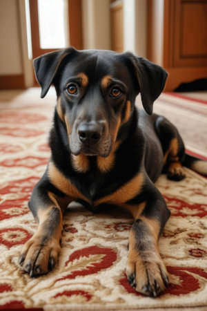 Portrait of a purebred rottweiler lying on the carpet