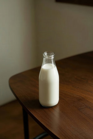Bottle of milk on the table in the morning light, stock photoの写真素材
