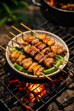 Skewers of pork and green pepper on the grill.の写真素材