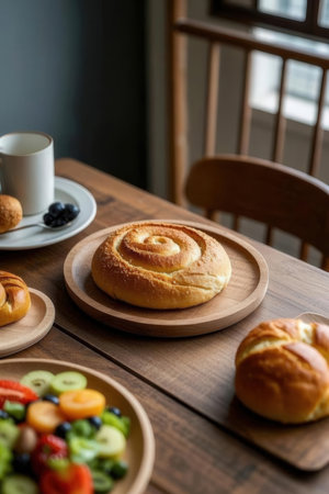 Breakfast with coffee on a wooden table.の写真素材