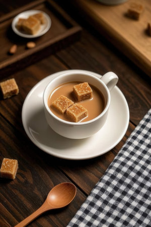 Cup of coffee and brown sugar cubes on a wooden table.の写真素材