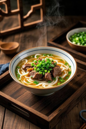 japanese noodle soup with beef and green onion on wooden backgroundの写真素材