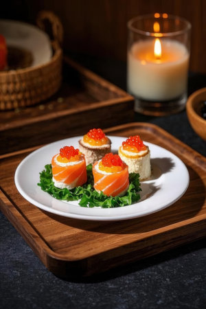 Tasty appetizers with salmon on a plate.の写真素材