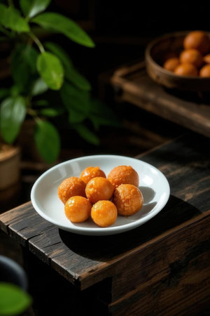 Deep-fried dumpling in white plate on wooden table.の写真素材