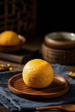 Chinese moon cake on wooden plate with black background and copy space.
