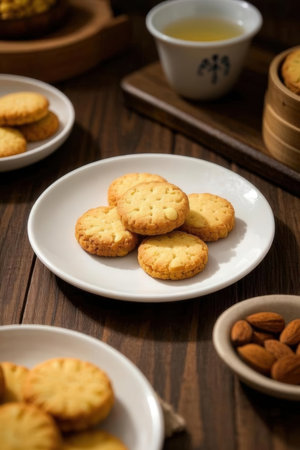 Cookies on a plate on a wooden background. Selective focus.の写真素材