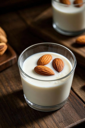 Almond milk in a glass with fresh almonds on wooden background.