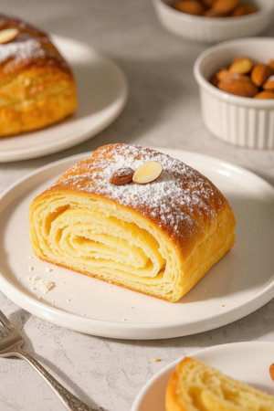Brioche with almonds on a light background. Selective focus.