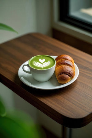 Green tea latte art with croissant on wooden table.の写真素材