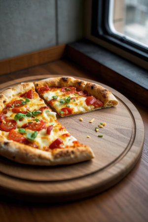 Pizza with mozzarella, tomatoes and basil on a wooden boardの写真素材