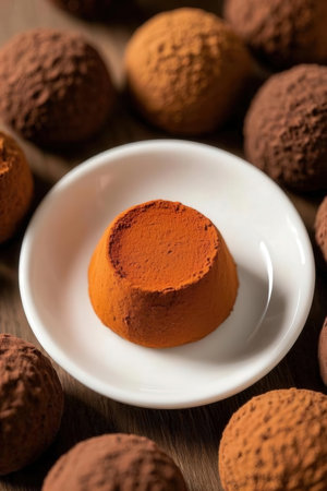 Chocolate truffles on a white plate. Selective focus.