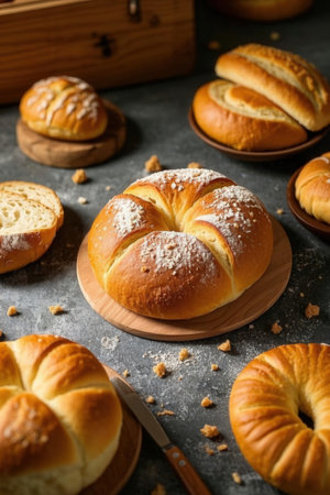 Freshly baked buns with sugar powder on gray table, closeupの写真素材