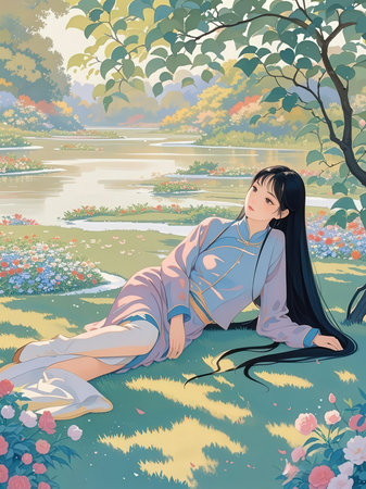 Beautiful girl in a traditional dress in the park. Vector illustration.の写真素材