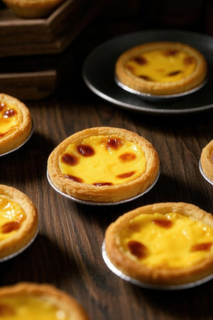 Pastel de nata, traditional Portuguese egg tart on wooden backgroundの写真素材