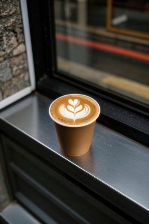 Coffee cup in coffee shop, latte art on the table