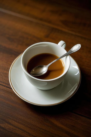 Coffee cup on wooden table in coffee shop, stock photoの写真素材