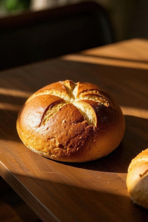 Fresh homemade bread on a wooden table in the morning light. Selective focus