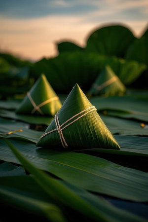 Rice dumplings on the lotus leaf at sunset.の写真素材
