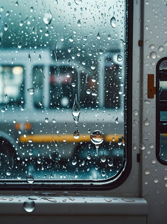 Raindrops on the window of a bus. Rainy day.の写真素材
