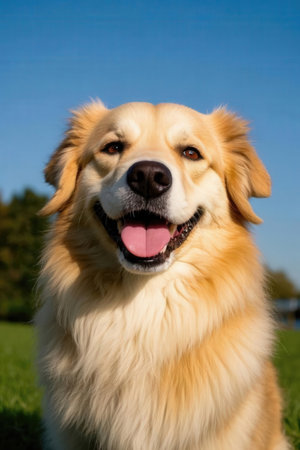 Portrait of golden retriever dog in a park on sunny dayの写真素材
