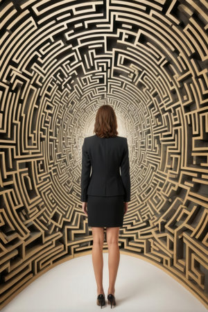 Rear view of businesswoman looking at maze in the middle of labyrinthの写真素材