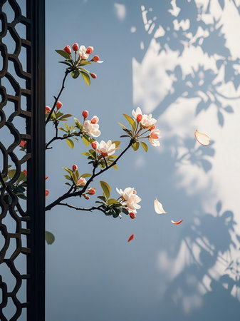 Blossoming branches of a tree on a background of blue skyの写真素材