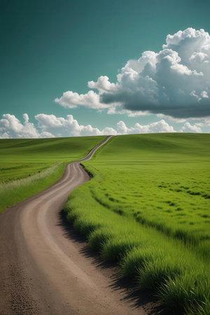 Road in green field with blue sky and white clouds. Nature composition.の写真素材