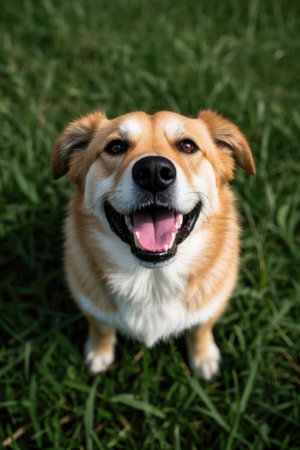 Portrait of a cute dog on the grassの写真素材