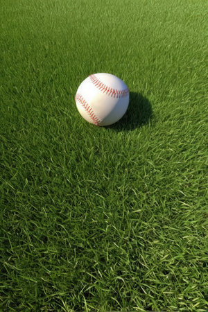 Baseball ball on the green grass of a baseball field with shadowの写真素材