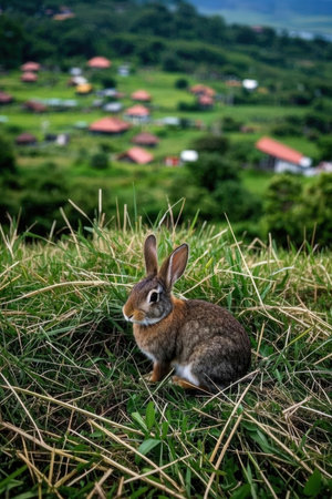 Rabbit in the meadow at Doi Inthanon, Chiang Mai, Thailandの写真素材