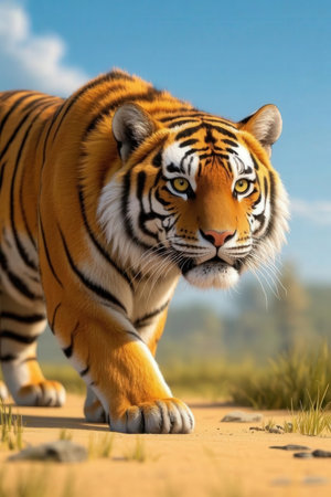 Close up of a tiger walking in the sand in the wild.