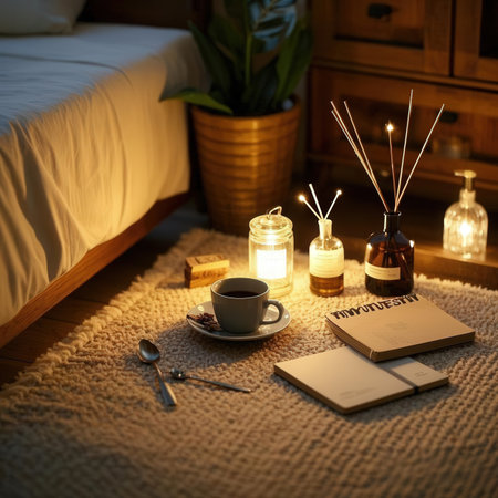 Cup of coffee with aroma diffuser, book and notebook on the bed