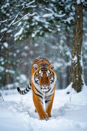 Siberian Tiger in the snow. Beautiful, dynamic and powerful photo of this majestic animal. Set in environment typical for this amazing animal. Birches and meadowsの写真素材