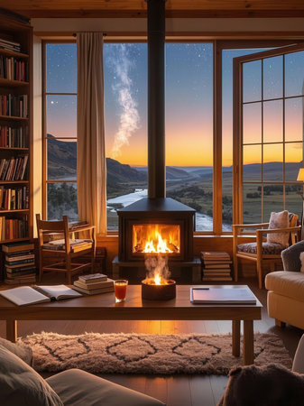 Cozy living room with fireplace and books on windowsill at nightの写真素材