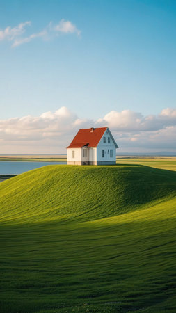 Lonely house on a green field in the evening sun.の写真素材