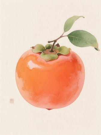 Ripe persimmon fruit with green leaves on a light backgroundの写真素材