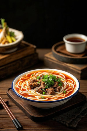 Korean style udon noodles with beef and vegetables in a bowlの写真素材