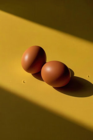 Eggs on a yellow background with a shadow from the sunの写真素材