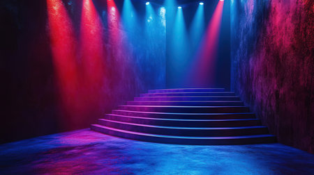 Stage illuminated with red and blue spotlights. 3D rendering.の素材