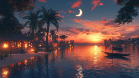 3D CG rendering of tropical resort with palm trees and night skyの素材