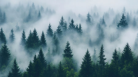 Foggy mountain landscape with coniferous forest in the morningの素材