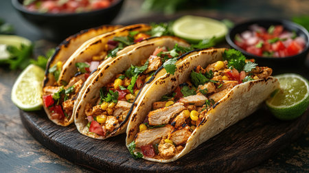 Mexican tacos with chicken, corn and salsa on wooden cutting boardの素材