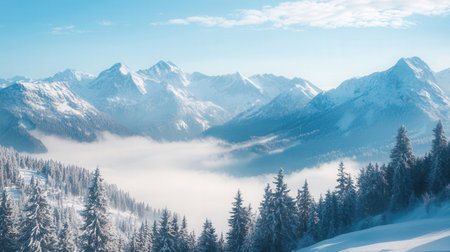 Winter mountain landscape with snow covered fir trees. Panoramic view.の素材