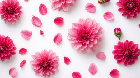 Pink dahlia flowers on white background. Flat lay, top viewの素材