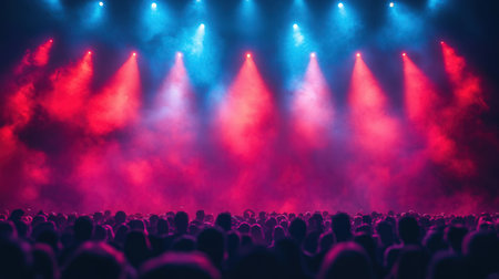 Crowd of people in front of a bright stage with red and blue lightsの素材