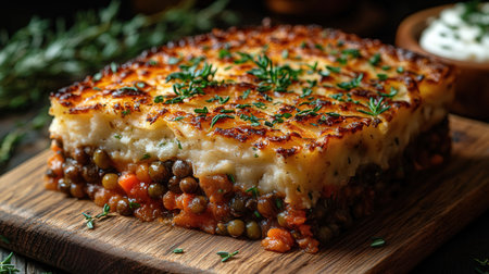 Traditional Italian lasagna with lentils and herbs on a wooden boardの素材