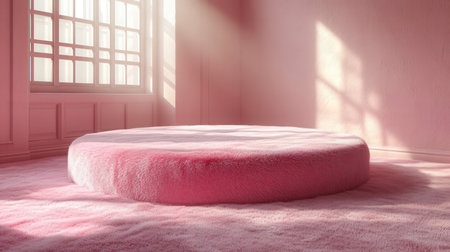 Empty podium in pink room with window. 3d render illustration.の素材