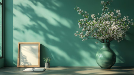 3d render of vase with white flowers and picture frame on green wallの素材