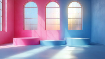 Podium in empty room with windows and sunlight. 3D renderingの素材