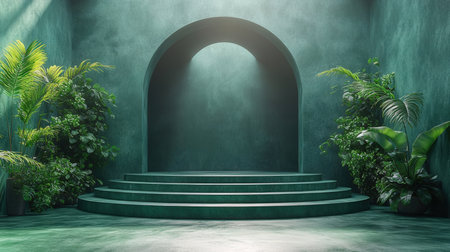 Abstract dark green room with stairs and plants. 3D Renderingの素材